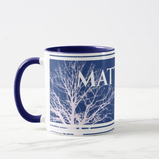 Rustic Tree Blue Personalisiert Name Tasse (Links)