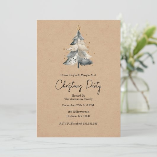 Rustic Tree Jingle and Mingle Christmas Invitation Einladung (Stehend Vorderseite)