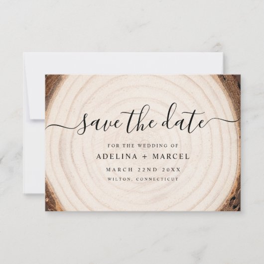 Rustic Tree Ring Wood with Wedding Website QR Code Save The Date (Vorderseite)