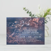Rustic Tree String Lights Forest Blue Wedding Einladung (Stehend Vorderseite)