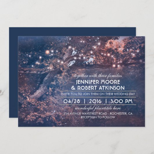Rustic Tree String Lights Forest Blue Wedding Einladung (Vorne/Hinten)