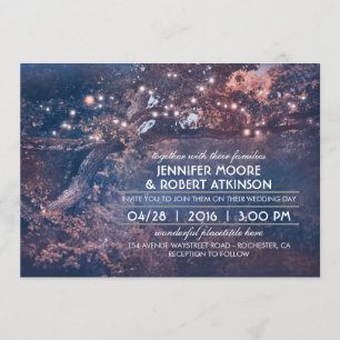 Rustic Tree String Lights Forest Blue Wedding Einladung