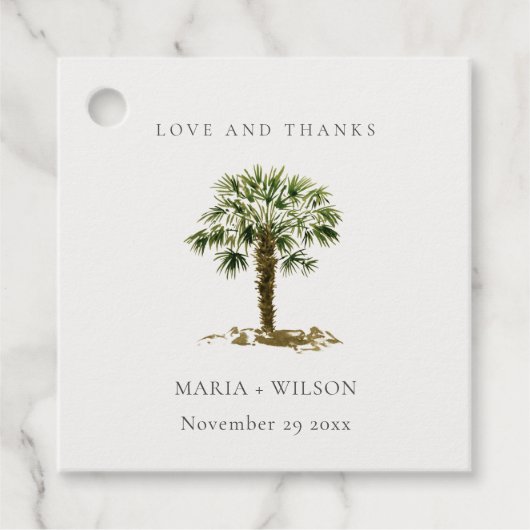Rustic Tropical Beach Palm Tree Hochzeit dank Geschenkanhänger (Vorderseite)