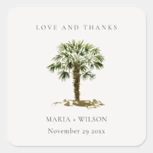 Rustic Tropical Beach Palm Tree Hochzeit dank Quadratischer Aufkleber