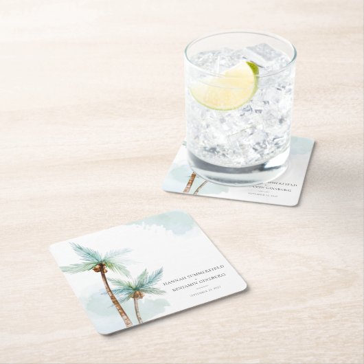 Rustic Tropical Beach Palm Tree Wasserfarbenhochze Rechteckiger Pappuntersetzer (Vor Ort)