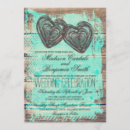 Rustic Two Hearts Barn Wood Aqua Wedding lädt Einladung