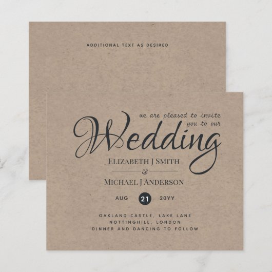 Rustic TYPOGRAHY Wedding Invites - Kraft Look (Vorne/Hinten)