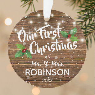 Rustic Unser erstes Weihnachtslied Mr. & Mrs. Foto Ornament