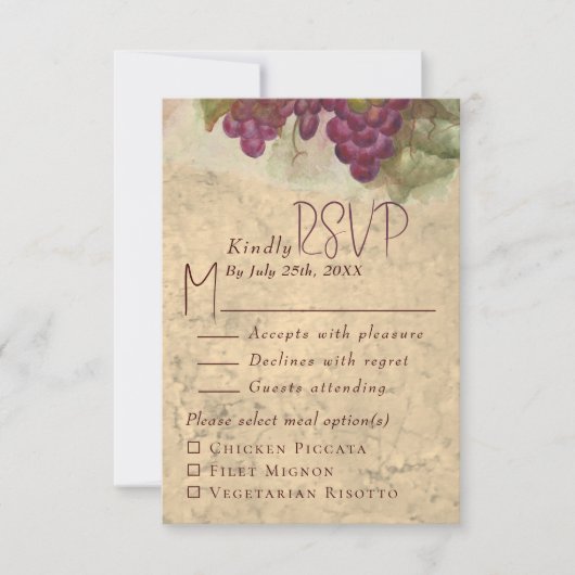Rustic Vineyard Wedding Meal Choice RSVP Karte (Vorderseite)