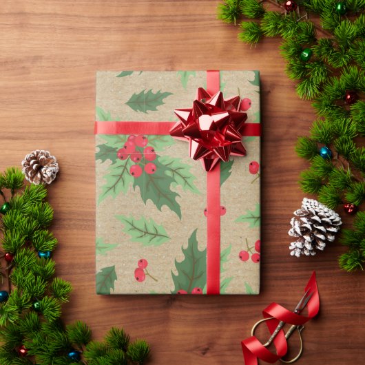 Rustic Vintag Kraft Christmas Holly Red Berries Geschenkpapier (Feiertagsgeschenk)