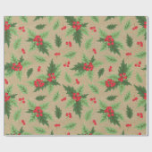 Rustic Vintag Kraft Christmas Holly Red Berries Geschenkpapier (Flach)