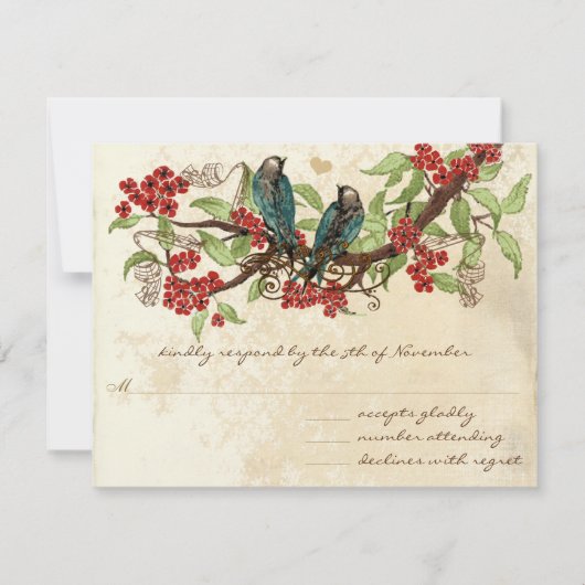 Rustic Vintag Love Bird Red Wedding RSVP Karte (Vorderseite)