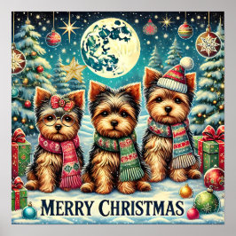 Rustic Vintage Christmas Terrier Yorkshire Dog Poster