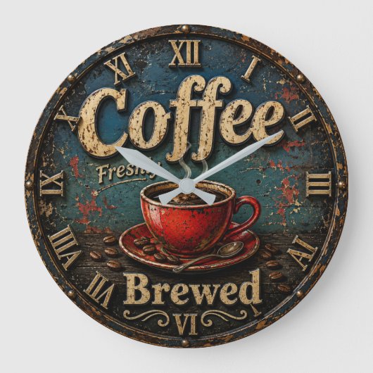 Rustic Vintage Coffee Große Wanduhr (Vorderseite)