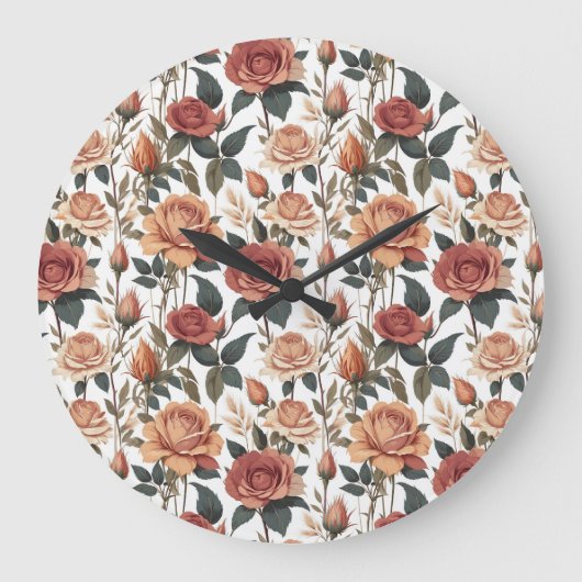 Rustic Vintage Flower Red Rose Nature Print Große Wanduhr (Vorderseite)