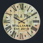 Rustic Vintage Personalized Wood Custom Große Wanduhr<br><div class="desc">Beautiful, einzigartig, one-of-a-kind personalized design feature a rustic wood with black personalization his and her names in a script machen overlay design and the last name and year establishd in a bold script with a printed wood t background. Personalize this clock by adding your personal information. Makes a great wedding,...</div>