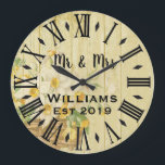 Rustic Vintage Personalized Wood Custom Große Wanduhr<br><div class="desc">Beautiful, einzigartig, one-of-a-kind personalized design feature a rustic wood with black personalization his and her names in a script machen overlay design and the last name and year establishd in a bold script with a printed wood t background. Personalize this clock by adding your personal information. Makes a great wedding,...</div>