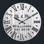 Rustic Vintage Personalized Wood Custom Große Wanduhr<br><div class="desc">Beautiful, einzigartig, one-of-a-kind personalized design feature a rustic wood with black personalization his and her names in a script machen overlay design and the last name and year establishd in a bold script with a printed wood t background. Personalize this clock by adding your personal information. Makes a great wedding,...</div>