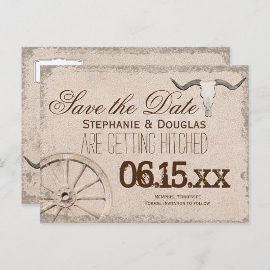 Rustic Wagon Wheel Longhorn Cowboy Save the Date Ankündigungspostkarte (Vorne/Hinten)