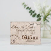 Rustic Wagon Wheel Longhorn Cowboy Save the Date Ankündigungspostkarte (Stehend Vorderseite)