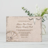 Rustic Wagon Wheel Longhorn Cowboy Wedding Einladung (Stehend Vorderseite)