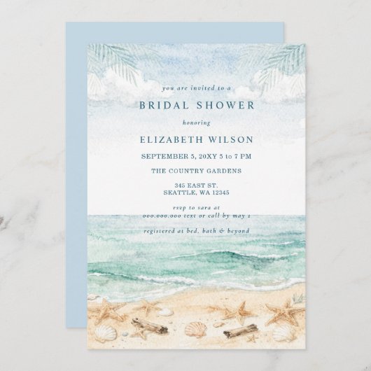 Rustic Watercolor Beach Bridal Shower Einladung (Vorne/Hinten)