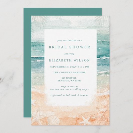 Rustic Watercolor Beach Bridal Shower Einladung (Vorne/Hinten)