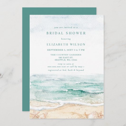 Rustic Watercolor Beach Bridal Shower Einladung (Vorne/Hinten)