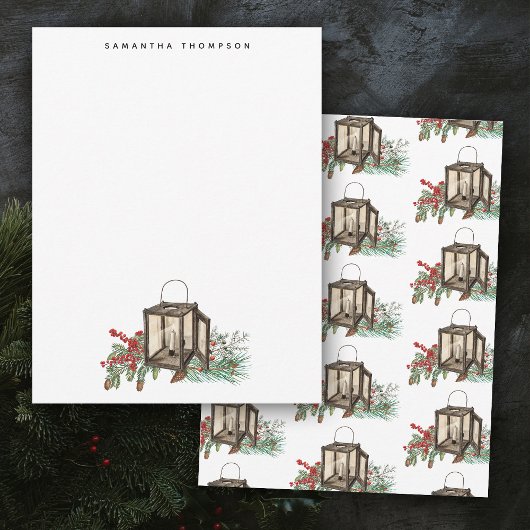 Rustic Watercolor Christmas Lantern Pine Berries Mitteilungskarte