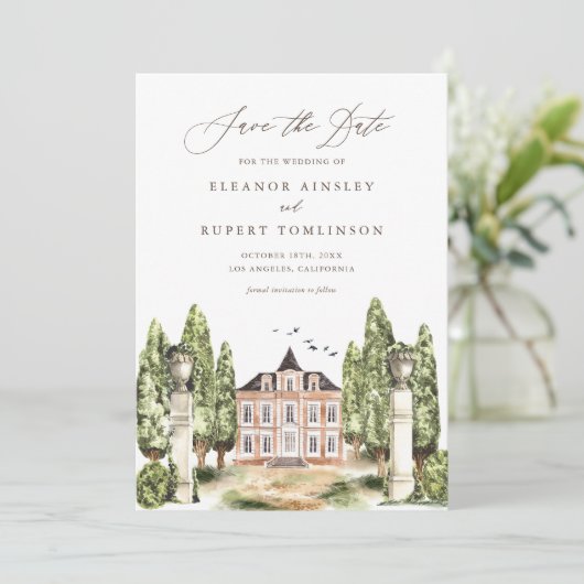 Rustic Watercolor Englisches Herrenhaus Save The Date (Stehend Vorderseite)