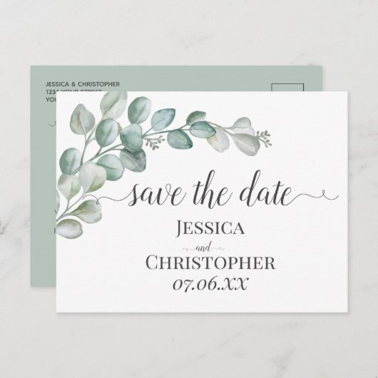 Rustic Watercolor Eucalyptus Greenery Wedding Ankündigungspostkarte (Vorne/Hinten)