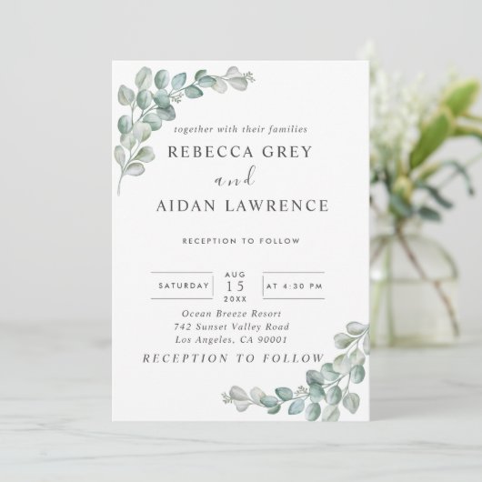 Rustic Watercolor Eucalyptus Greenery Wedding Einladung (Stehend Vorderseite)