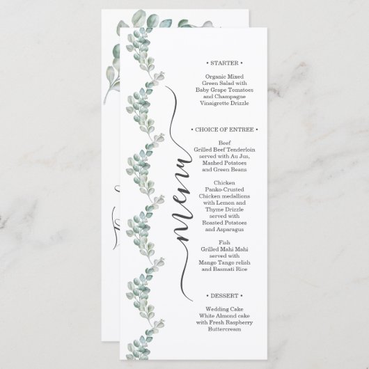 Rustic Watercolor Eucalyptus Greenery Wedding Menükarte (Vorne/Hinten)