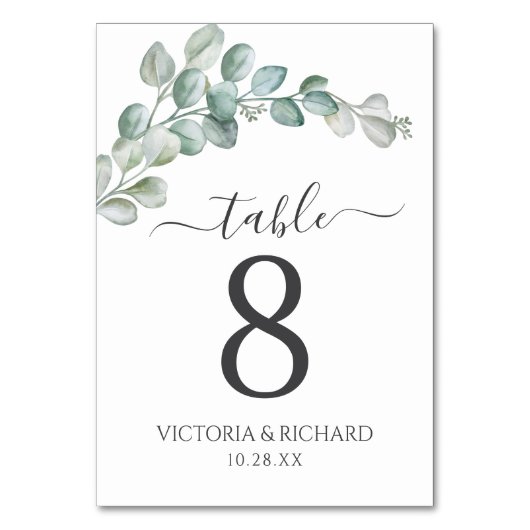Rustic Watercolor Eucalyptus Greenery Wedding Tischnummer (Rückseite)
