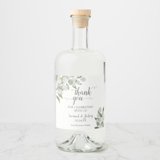 Rustic Watercolor Eucalyptus Wedding Vielen Dank Alkoholflaschenetikett (Vorderseite)