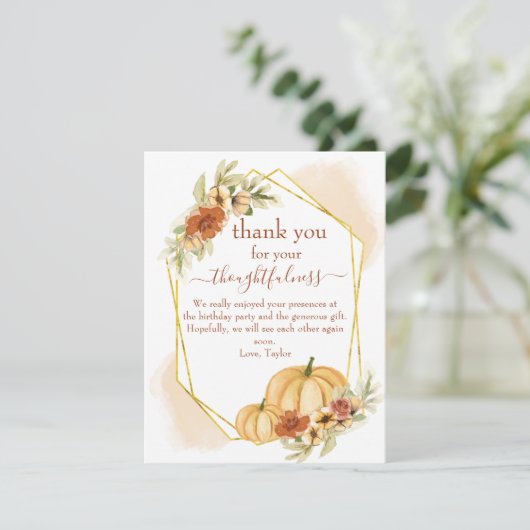 Rustic Watercolor Fall Pumpkin danke Karte (Stehend Vorderseite)