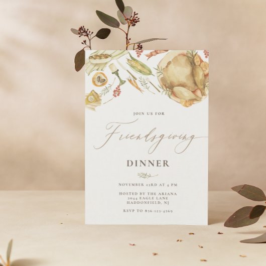 Rustic Watercolor Fall Turkey Friendsgiving Dinner Einladung