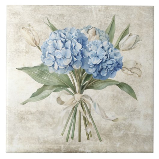 Rustic Watercolor Floral Blue Hydrangea Fliese (Vorderseite)
