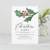 Rustic Watercolor Holly Holiday Weihnachten Party Einladung (Stehend Vorderseite)