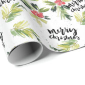 Rustic Watercolor Holly Pattern Frohe Weihnachten Geschenkpapier (Rolleneckpunkt)