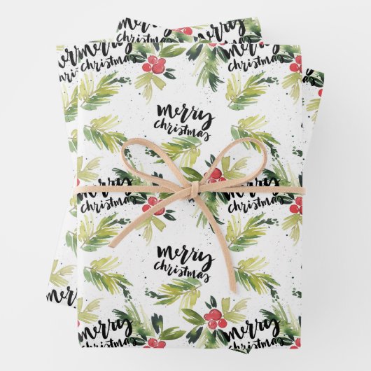 Rustic Watercolor Holly Pattern Frohe Weihnachten Geschenkpapier Set (Beispiel)