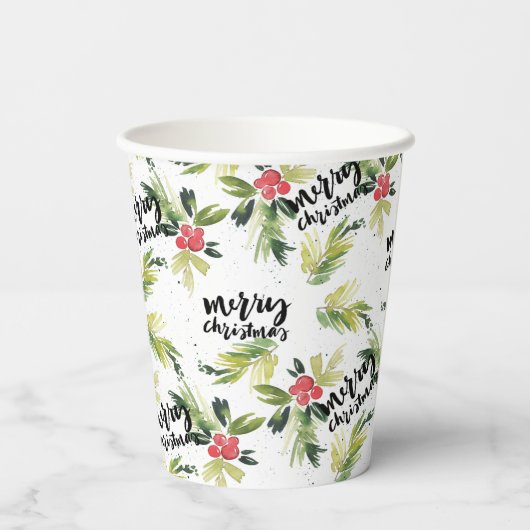 Rustic Watercolor Holly Pattern Frohe Weihnachten Pappbecher (Rückseite)