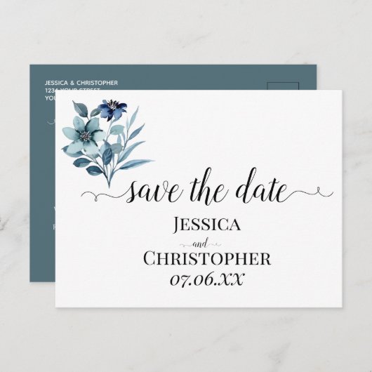 rustic watercolor illustration blue floral bouquet ankündigungspostkarte (Vorne/Hinten)