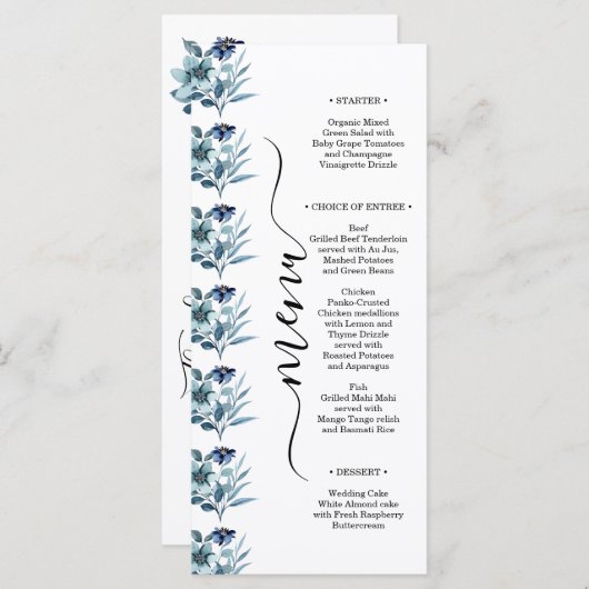 rustic watercolor illustration blue floral bouquet menükarte (Vorne/Hinten)