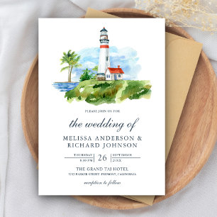 Rustic Watercolor Lighthouse Nautical Wedding Einladung