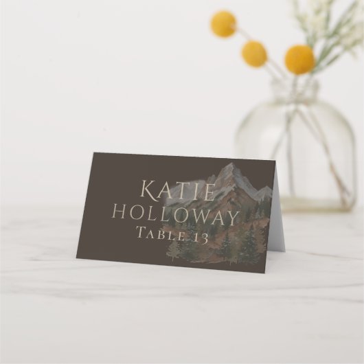 Rustic Watercolor Mountain Landscape Wedding Platzkarte (Rückseite)