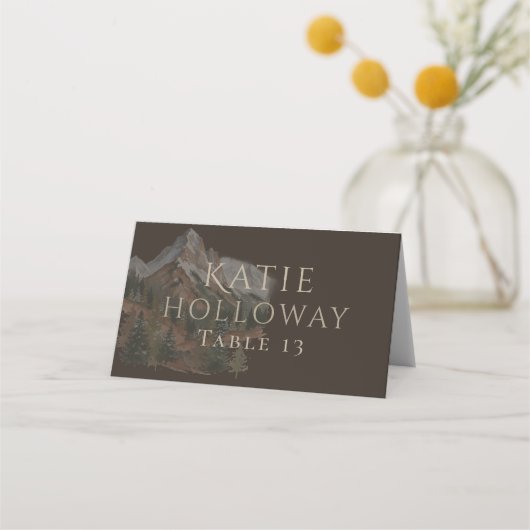 Rustic Watercolor Mountain Landscape Wedding Platzkarte (Vorderseite)