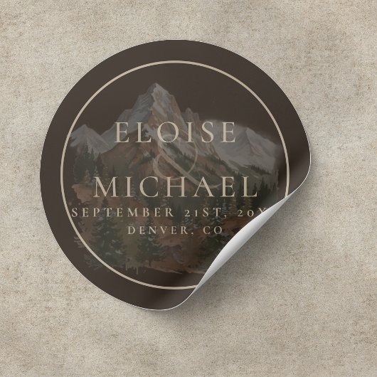 Rustic Watercolor Mountain Landscape Wedding Runder Aufkleber