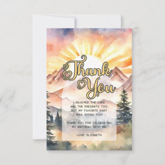 Rustic Watercolor Mountains Nature Sunrise Script Dankeskarte (Vorderseite)