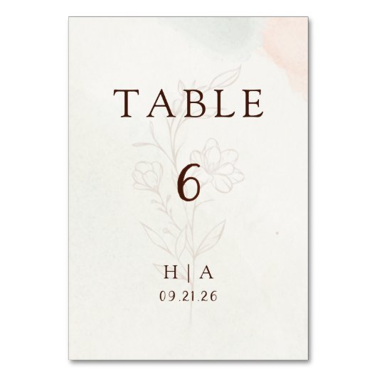 Rustic Watercolor Peach and Green Minimal Wedding Tischnummer (Vorderseite)